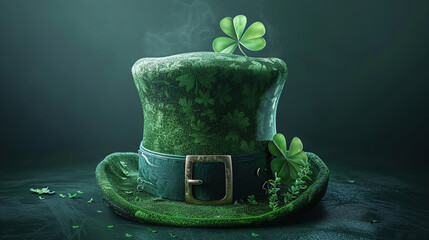 Green leprechaun hat with clover for St. Patrick's Day on green background