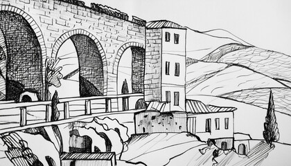 Wall Mural - Traditional Italian houses, buildings in a small medieval Mediterranean touristic and historical village architectural with tall trees, thuja, cypress, big bridge sketch black charcoal lines