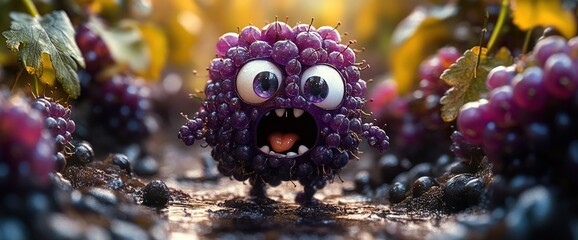 Funny cartoon grape character with big eyes and open mouth in vineyard.