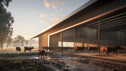 Wall Mural - Cows Entering Modern Barn at Sunrise