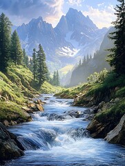 Wall Mural - there is a painting of a mountain stream in the middle of a forest