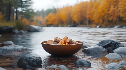 Poster - there is a bowl of firewoods sitting on the rocks in the water