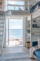 Poster - there is a bunk bed sitting in a room with a view of the ocean