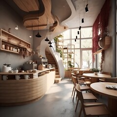 Poster - there is a large wooden counter in a restaurant with a spiral staircase