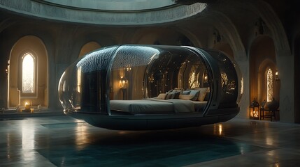 Wall Mural - there is a bed that is in a room with a glass dome