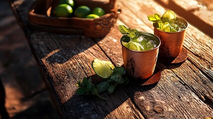 Wall Mural - there are two cups of moscow mules on a wooden table