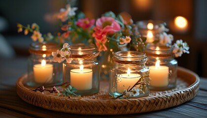 Wall Mural - Cozy ambiance featuring a lit candle in a glass jar on a woven tray, complemented by flowers and soft lighting for warmth and invitation