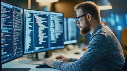 Software developer coding on multiple computer screens in a modern office. Focused programmer creating code in a professional workspace.