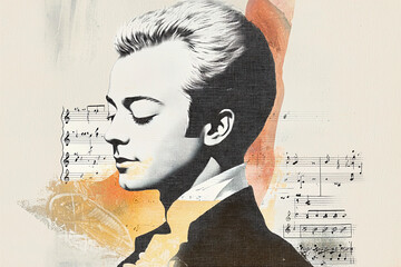 Vintage collage portrait of Mozart performing for European royalty as a young prodigy