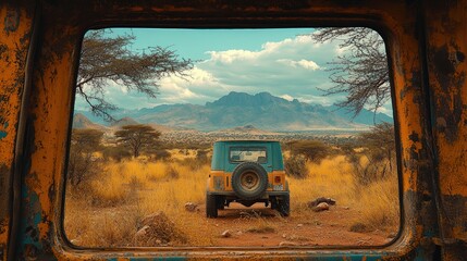 A rugged jeep is parked in a savanna, with a view of distant mountains, seen through a window of a rusty, yellow vehicle.