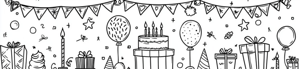 Wall Mural - An illustrated drawing of a doodle birthday cake and balloon along with a hand-drawn sketch.