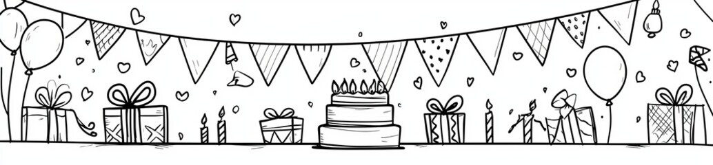 A doodle birthday icon element. A hand-drawn doodle birthday cake, balloon.