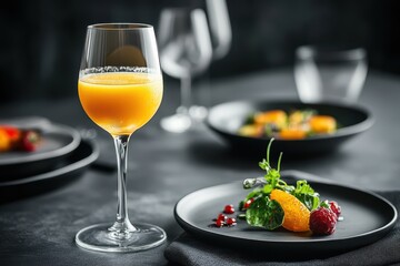 A sophisticated dining setup featuring a glass of orange drink and a gourmet plate of food.