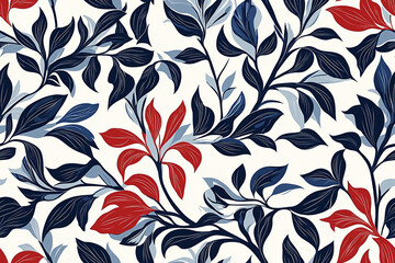 seamless pattern wallpaper of wild red and blue plants, leaves and flowers, jungle, tropical