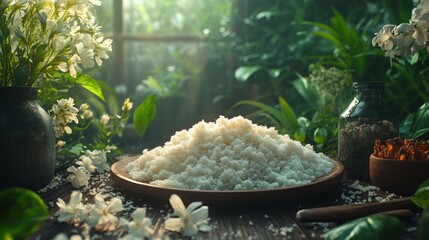 Wall Mural - A pile of white rice on a wooden plate surrounded by white flowers and other ingredients.