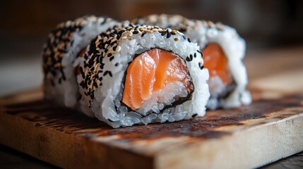 Macro detail close-up photography of a juicy sushi on a wooden board against a rusted iron background. close up marco good for design