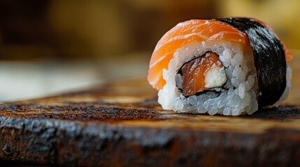 Macro detail close-up photography of a juicy sushi on a wooden board against a rusted iron background. close up marco good for design