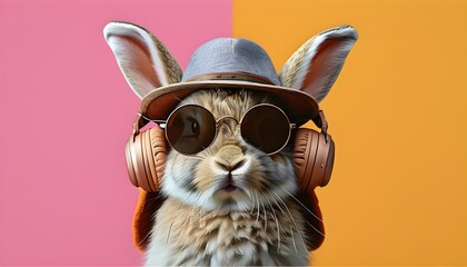 Wall Mural - Trendy bunny with stylish hat and vintage sunglasses enjoying music on a vibrant colorful background with wireless headphones