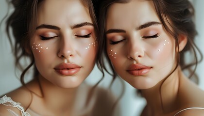 Wall Mural - Beautiful women showcasing stunning makeup with closed eyes in a moment of elegance and serenity