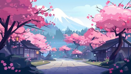 Sakura Village. Traditional Japanese Village with Cherry Blossoms. Springtime in a Japanese Garden. Cartoon 2d illustration background.