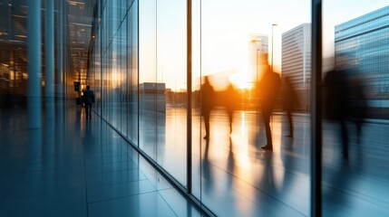 a sleek, modern building corridor with glass walls and reflections, showing blurred figures walking 