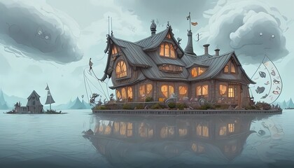 Illustration of creepy boat house on the water