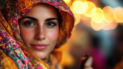 A woman with a colorful scarf smiles warmly at a festive setting, with glowing lights in the background creating an inviting and joyful ambiance.