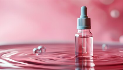 Wall Mural - Serum bottle amidst tranquil water waves against a vibrant pink backdrop