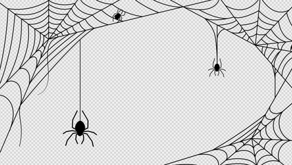 Spooky halloween background with spider web or torn cobweb and black spider silhouette pattern for horror night banner decoration. Zombie or evil night party and scary holiday celebration retro poster