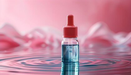 Wall Mural - Serum bottle amidst tranquil water waves against a vibrant pink backdrop