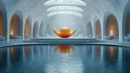 Futuristic white interior with a large orange sphere sculpture, reflecting in the water.