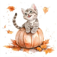 Sticker - Cute Kitten Sitting on a Pumpkin with Autumn Leaves Watercolor Illustration