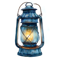 Sticker - Watercolor Illustration of a Vintage Blue Lantern with a Glowing Flame