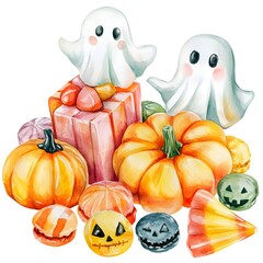 Sticker - Halloween Watercolor Illustration with Pumpkins  Ghosts  and Candy