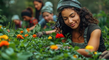 Wall Mural - Smiling Woman Admiring Flowers in a Community Garden