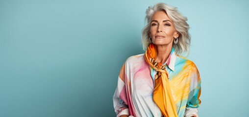 Wall Mural - A woman wearing a colorful scarf and a colorful shirt