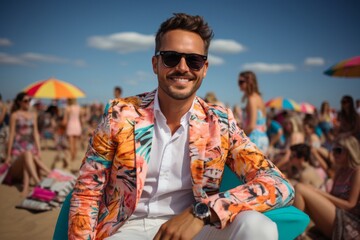 Wall Mural - A man in a colorful suit is sitting on a blue chair on a beach