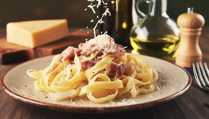 Italian food, pasta Carbonara, savory crispy bacon and falling cheese. Delicious meal food, culinary