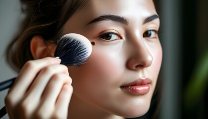 Intimate close-up of woman skillfully applying makeup using a facial brush