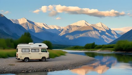 Wall Mural - Scenic campervan getaway by the river with majestic mountains in the backdrop