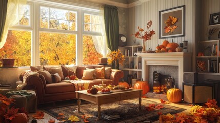 Cozy Autumn Livingroom with Warm Fireplace and Fall Decor