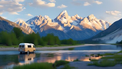 Wall Mural - Scenic campervan getaway by the river with majestic mountains in the backdrop