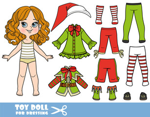 Wall Mural - Cute cartoon girl with Christmas Elf costume constructor with hat, jackets, tights, boots and breeches