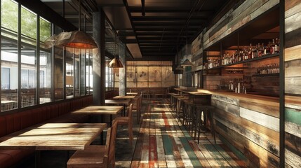 Stylish reclaimed wood interior showcasing modern design and sustainable materials in a vibrant and inviting space