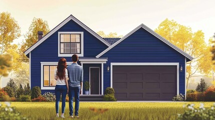 outdoor portrait of a couple standing in front of their charming blue house, showcasing romantic lifestyle and homeownership dreams