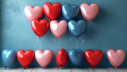 Retro heart-shaped balloons on a vibrant blue backdrop, celebrating love and romance with a nostalgic nod to 80s and 90s aesthetics for Valentines Day