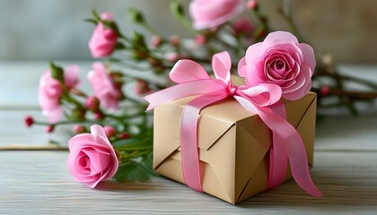 Wall Mural - Delicate pink roses adorn a craft paper gift box, tied with a soft ribbon, embodying minimalistic elegance and a romantic touch for seasonal celebrations.