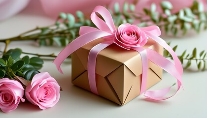 Wall Mural - Delicate pink roses adorn a craft paper gift box, tied with a soft ribbon, embodying minimalistic elegance and a romantic touch for seasonal celebrations.