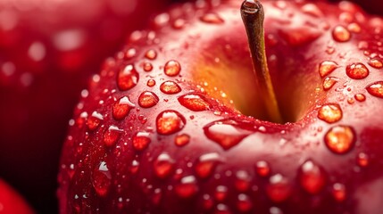 Macro Photography of a Shiny Red Apple Covered in Water Droplets, Capturing the Essence of Freshness and Juiciness