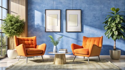 Two vibrant accent orange armchairs near white sofa against concrete tile wall with art frame. Scandinavian interior design of modern living room.
